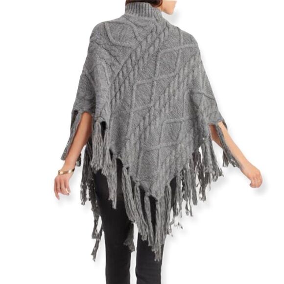 WORLD MARKET CABLE KNIT FRINGED CABLE KNIT PONCHO TURTLENECK SWEATER CAPE BOHO - Picture 1 of 8